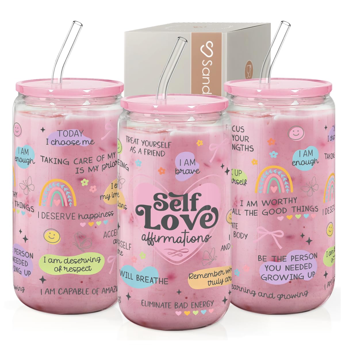 Glass Cup with Lid & Straw, Iced Coffee Aesthetic Glass Can, 16oz