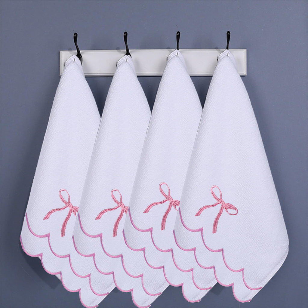 Cute 4 Set Coquette Bow Bath Towels Set 2 Bath Towels 2 Hand Towels Soft Embroidered Preppy Decorative Scalloped Towels for Bathroom