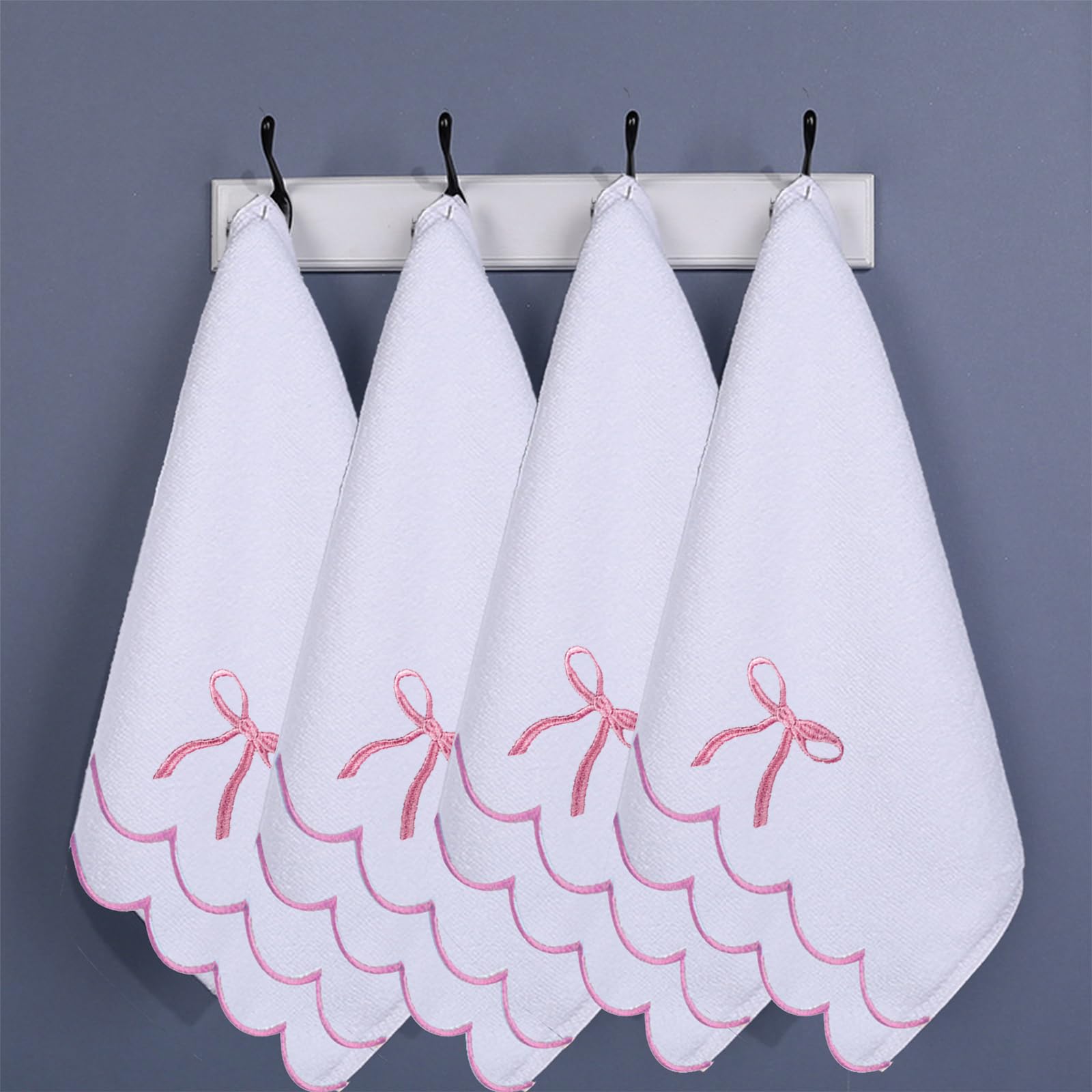 Cute 4 Set Coquette Bow Bath Towels Set 2 Bath Towels 2 Hand Towels Soft Embroidered Preppy Decorative Scalloped Towels for Bathroom