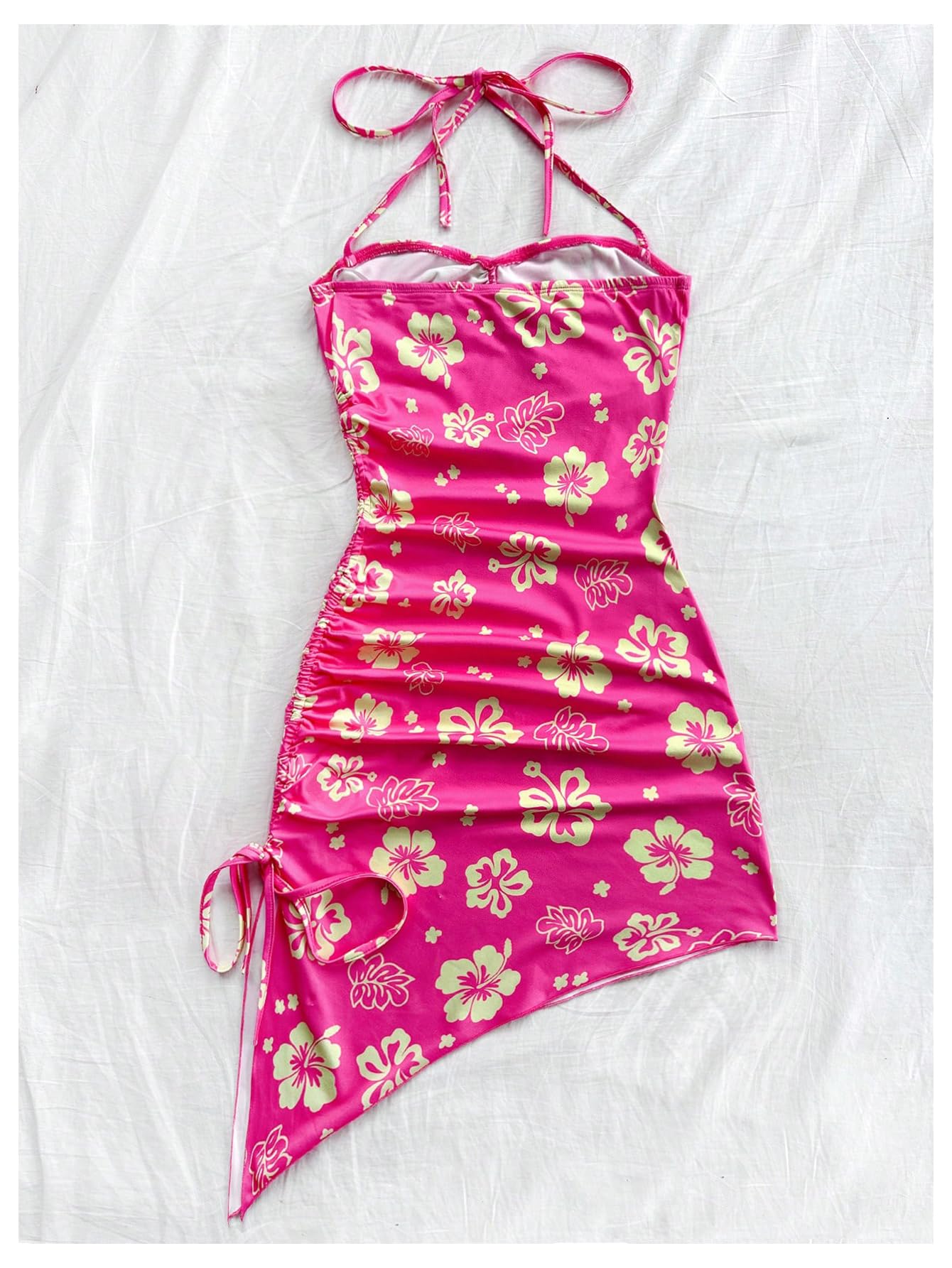 Women's Floral Print Halter Dress Sleeveless Drawstring Asymmetrical Hem Bodycon Dress