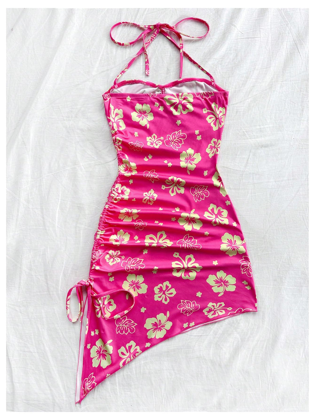 Women's Floral Print Halter Dress Sleeveless Drawstring Asymmetrical Hem Bodycon Dress