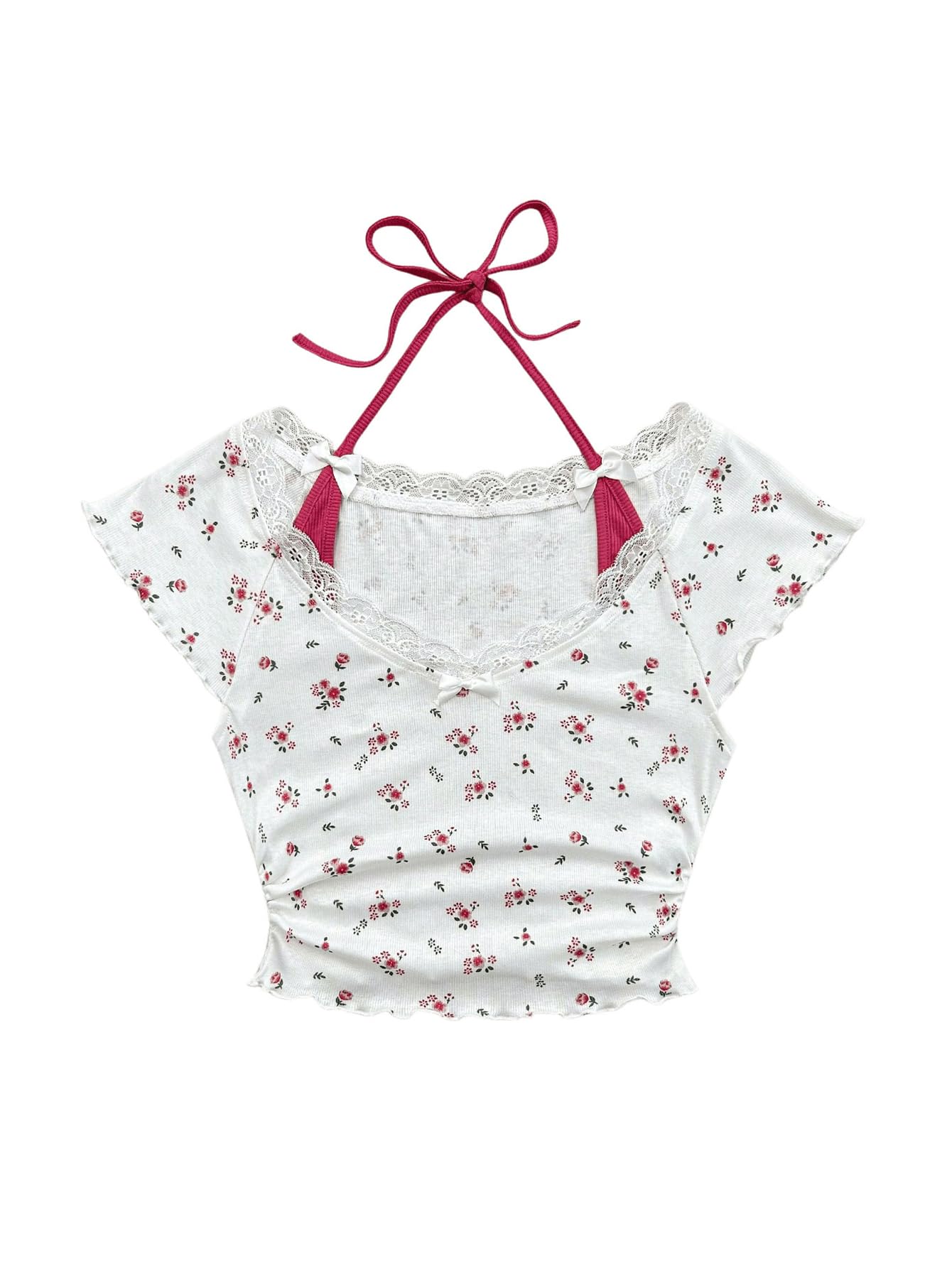 Women's Contrast Lace Halter Neck Lettuce Trim Casual Crop Tee Tops