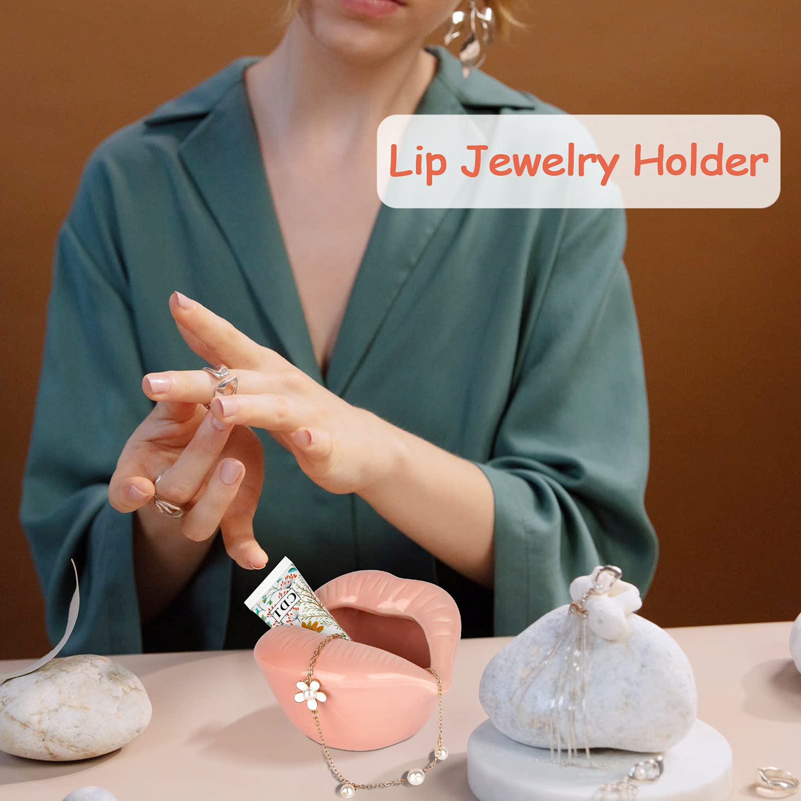 Ceramic Lips Lipstick Ring Holder Jewelry Tray Rack Decorative Cosmetic Storage Display Holder Desktop