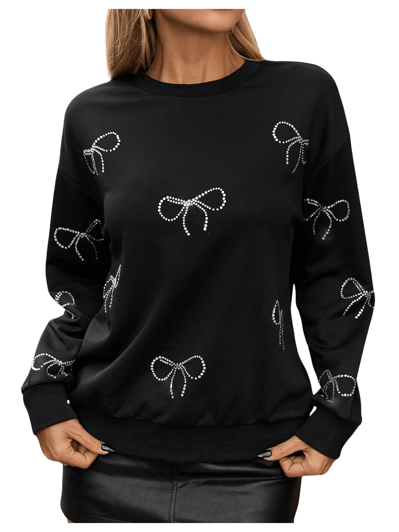 Women's Bow Sweatshirt Rhinestone Long Sleeve Crew Neck Loose Tops