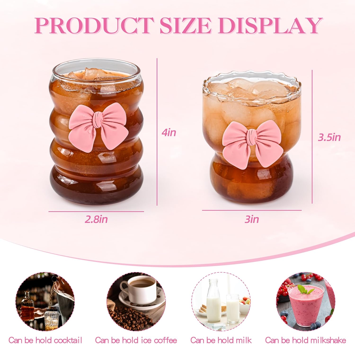 Coquette Cute Bow Glass Cups 10oz Pink Bow Glasses Cup Vintage Ribbed Drinking Glasses 2pcs