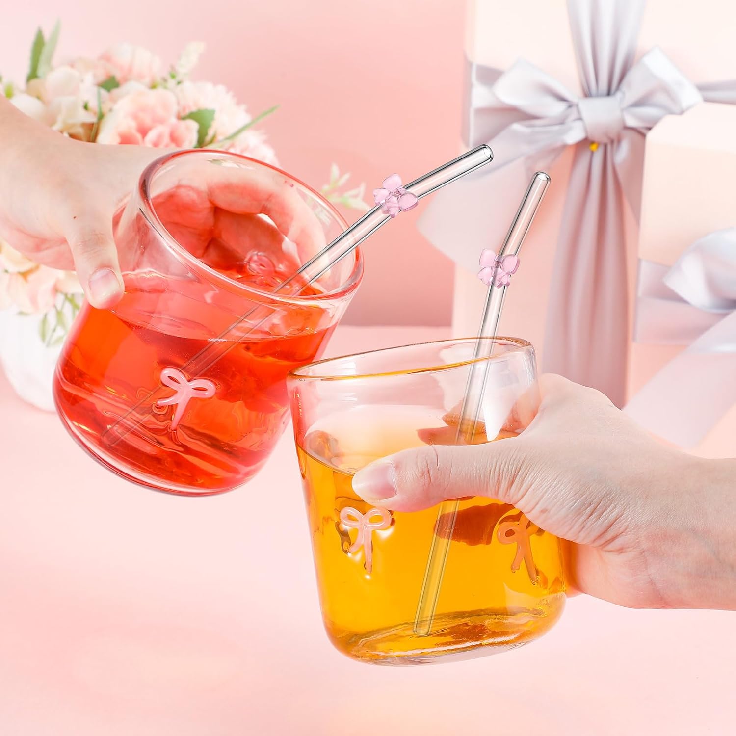 Coquette Pink Bow Aesthetic Cup Bow Icon Juice Glass With Glass Straw with Pink Bow - 14 ounce