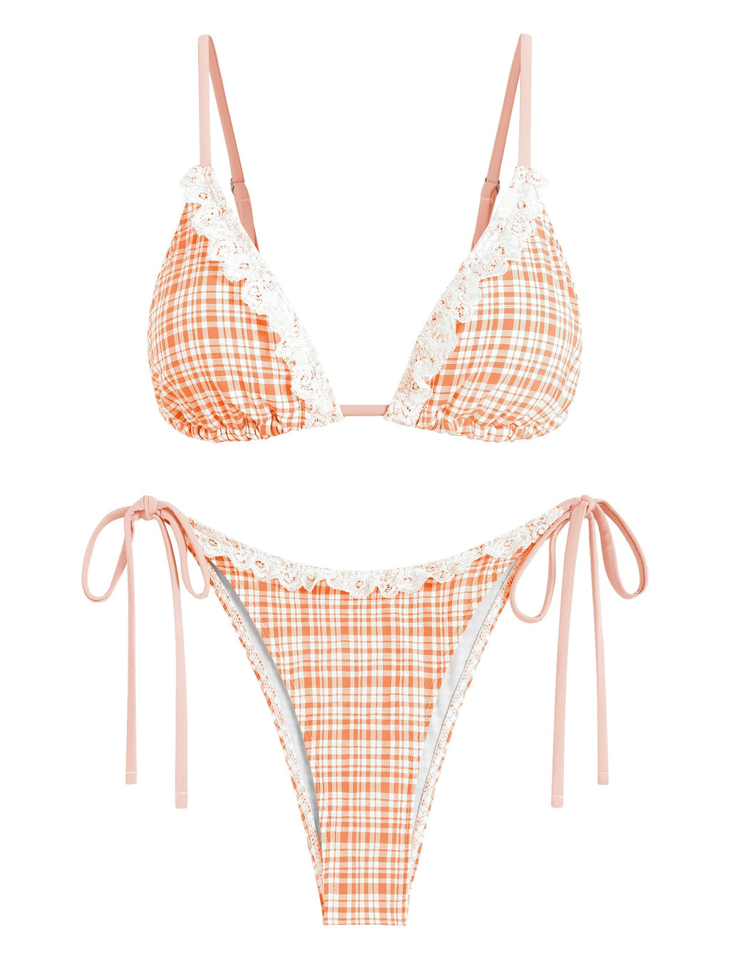 Women's Triangle Bikini Lace Frilled Ruffles Gingham Print Tie Side Spaghetti Strap 2 Pieces Bikini Swimsuit