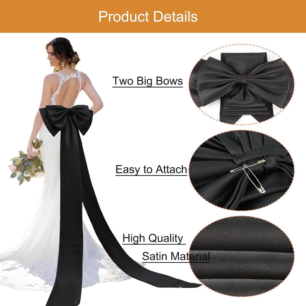 Detachable Big Bow Long Train Satin Bowknot Sweep Train Waist Sash Belt Bowknot for Wedding Formal Dress