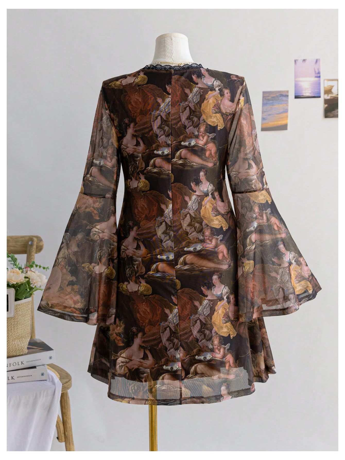 Women's Plus Size Lace Leopard Print Bell Sleeve Bow Front Dress Mini