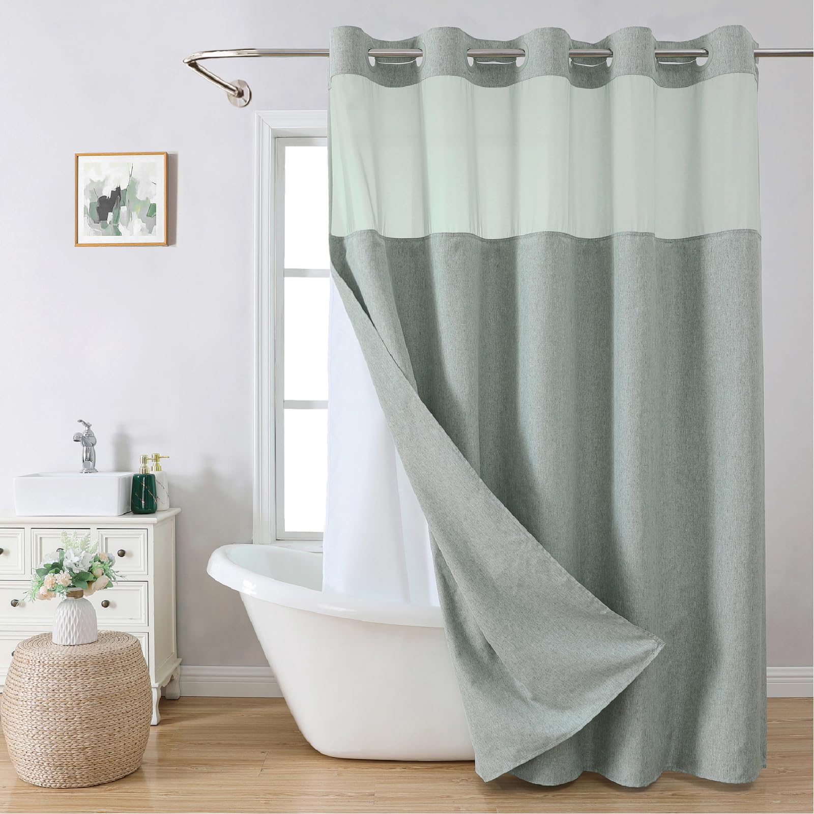 No Hooks Needed Linen Textured Shower Curtain with Snap-in Fabric Liner Set, Luxury Decor Shower Curtains for Bathroom with Mesh Top Window, Waterproof & Washable