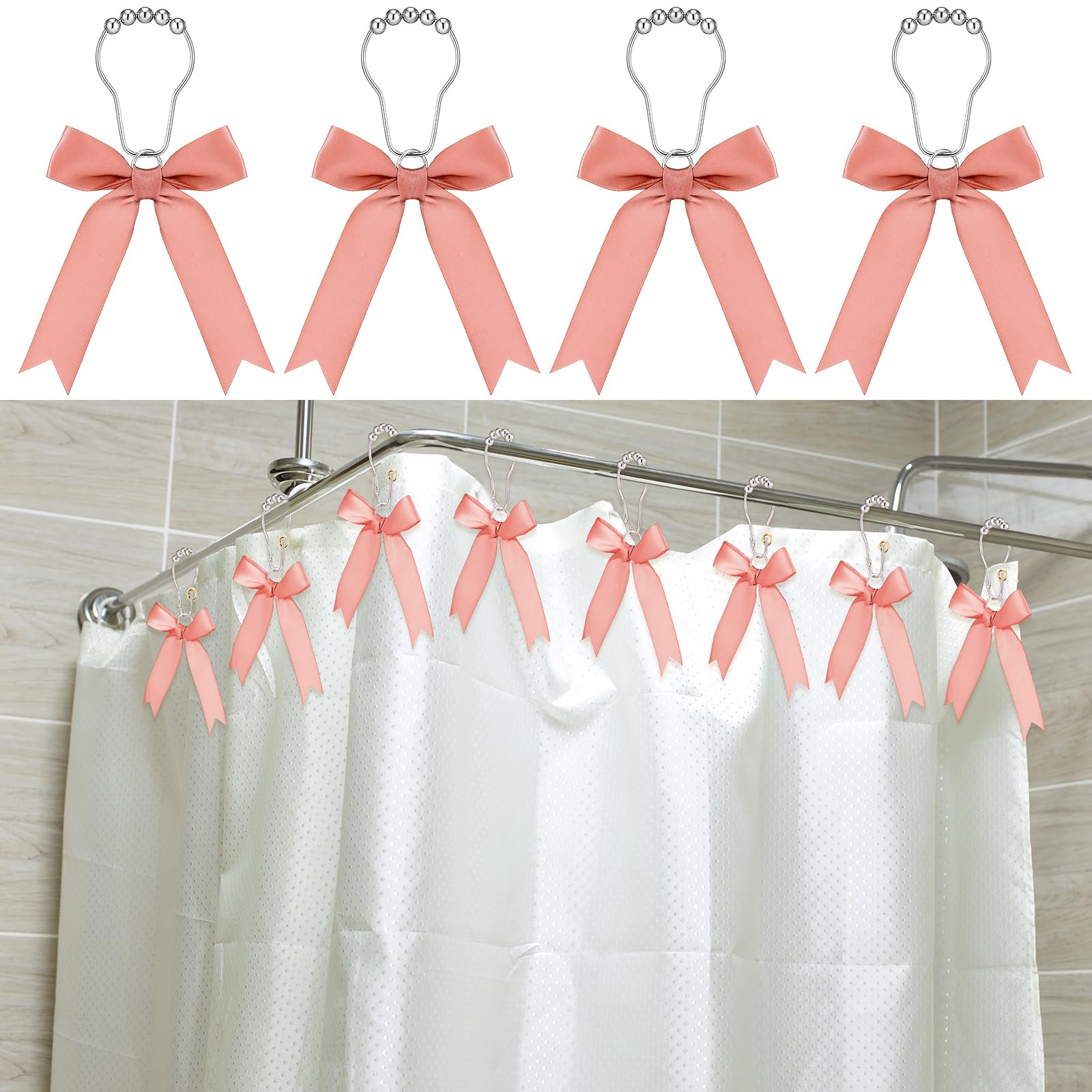 Cute Bow Knot Ribbon Curtain Hooks Decorative Shower Rings Hanger Bathroom Decor Bathroom Accessories 12 Pcs
