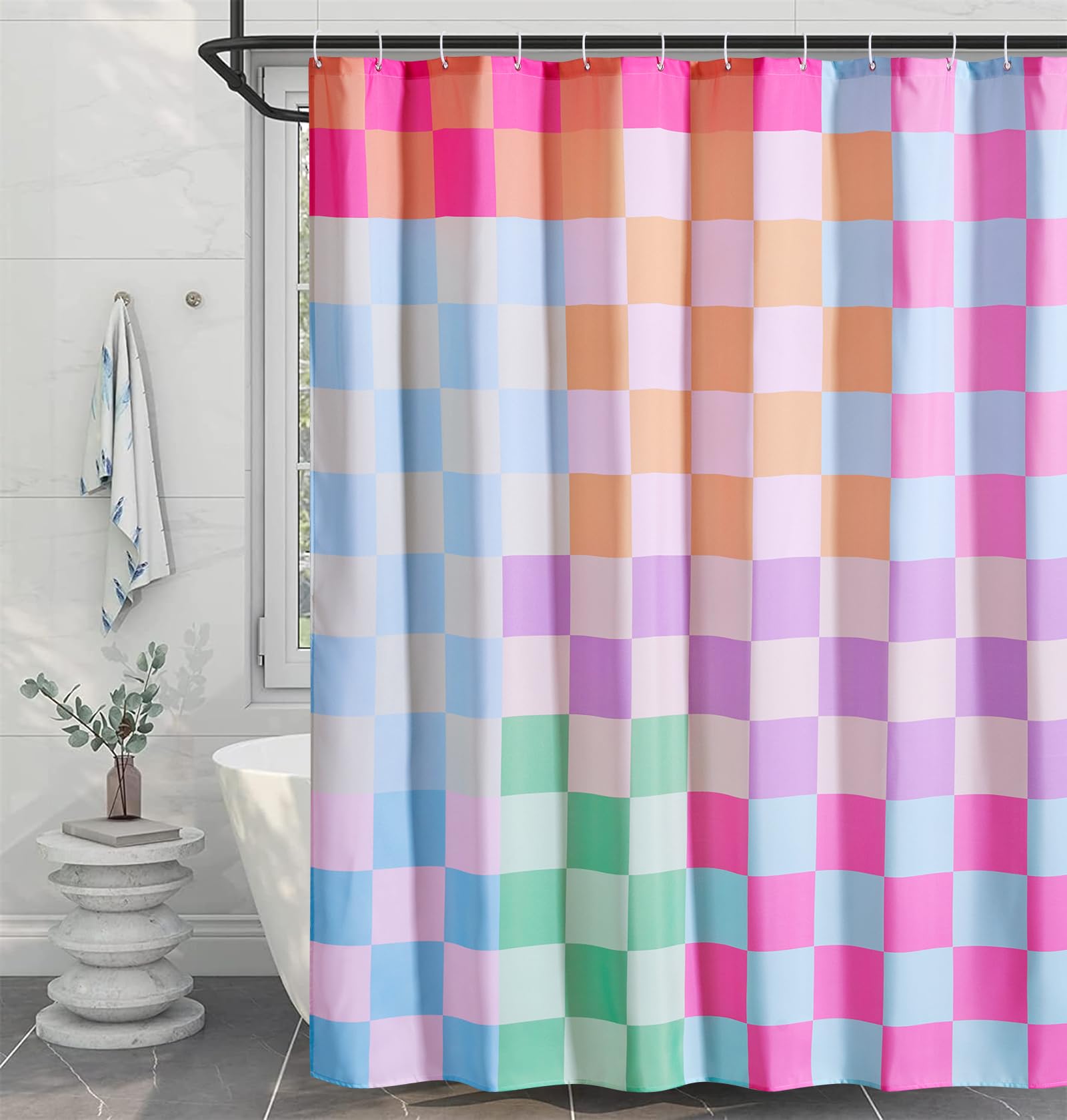 Multicolored Checkered Retro Fabric Shower Curtain for Bathroom, Heavy Duty & Waterproof Bright Rainbow Colorful Modern Simple Groovy Aesthetic Shower Curtain Set with Hooks Bathroom Decor
