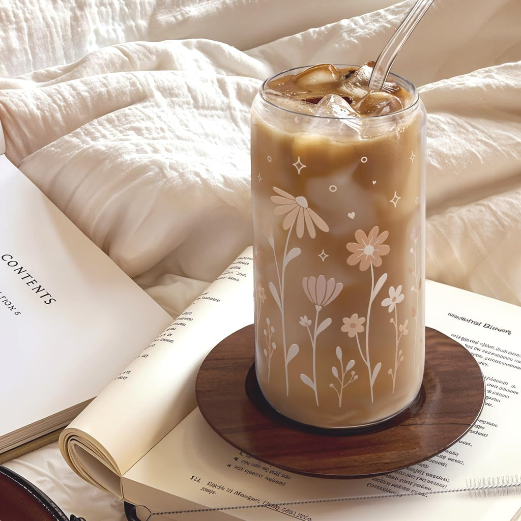 Glass Cup with Lid & Straw, Iced Coffee Aesthetic Glass Can, 16oz