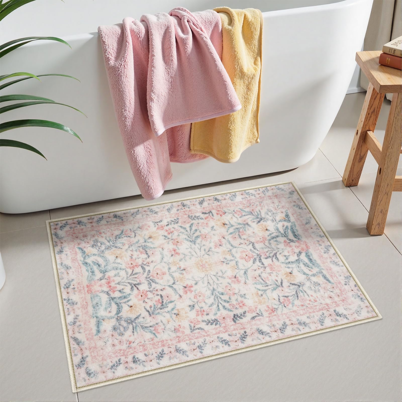 New Boho Floral Bath Rugs, Non Slip Washable Bathroom Rugs Fit Under Door, Ultra Soft and Absorbent Bath Mat