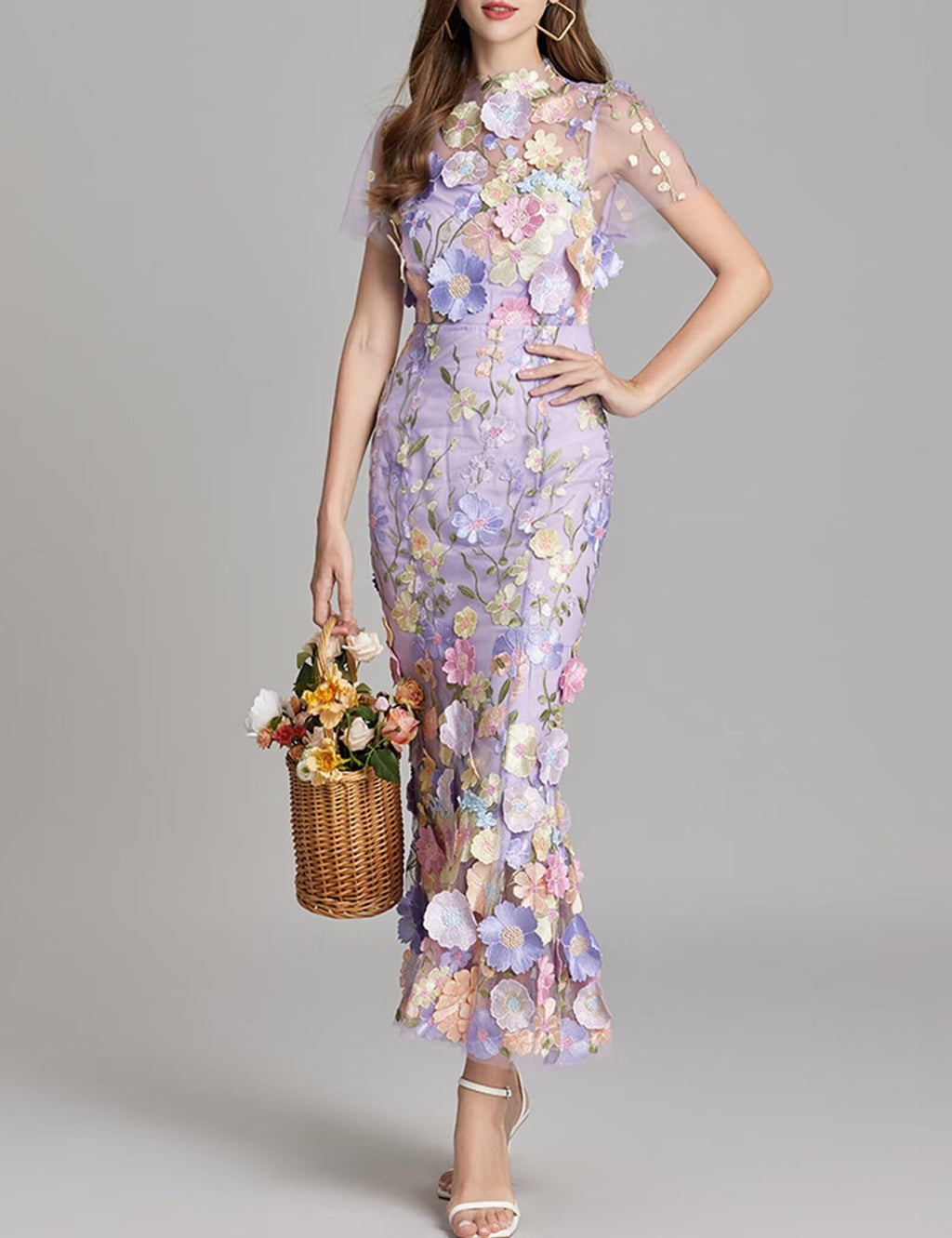 Women's 3D Floral Embroidery Dress Sheer Mesh Round Neck Lace Bodycon Party Cocktail Maxi Dress Short Sleeves