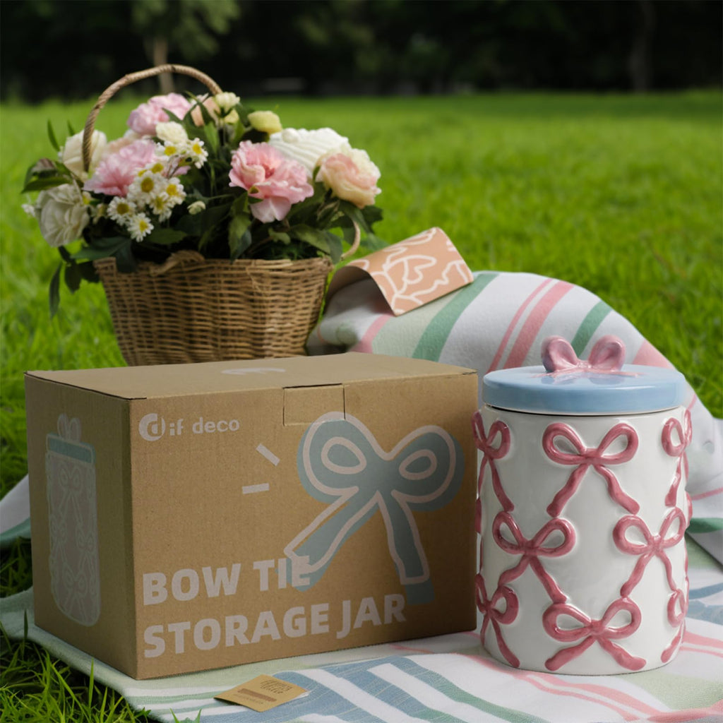 Cookie Bow Jars with Lid Airtight, 7.5 Inch Large Ceramic Food Storage Containers (42oz)