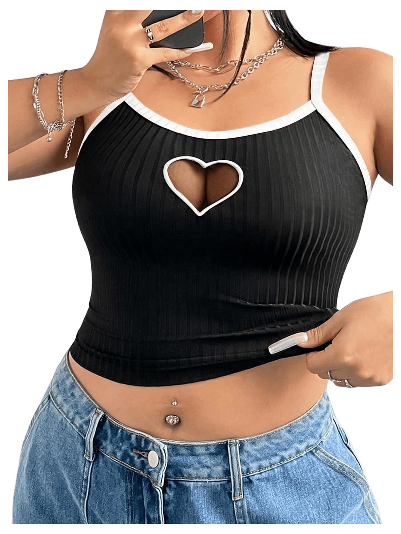 Women's Plus Size Cami Crop Tops Contrast Mesh Spaghetti Strap Summer Top