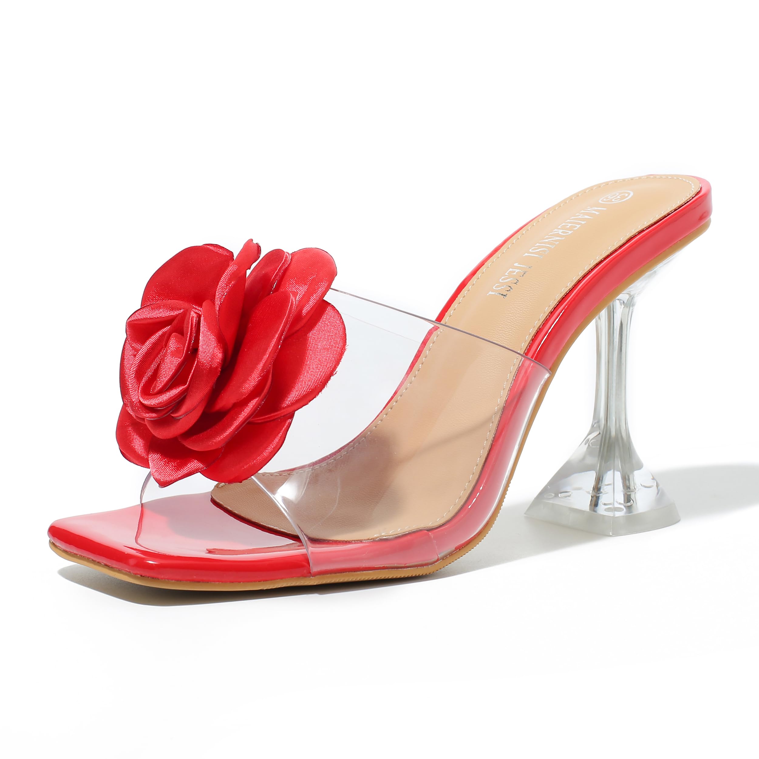 Women Flowers High Heels Mules Sandals Square Toe Slip On Sandals