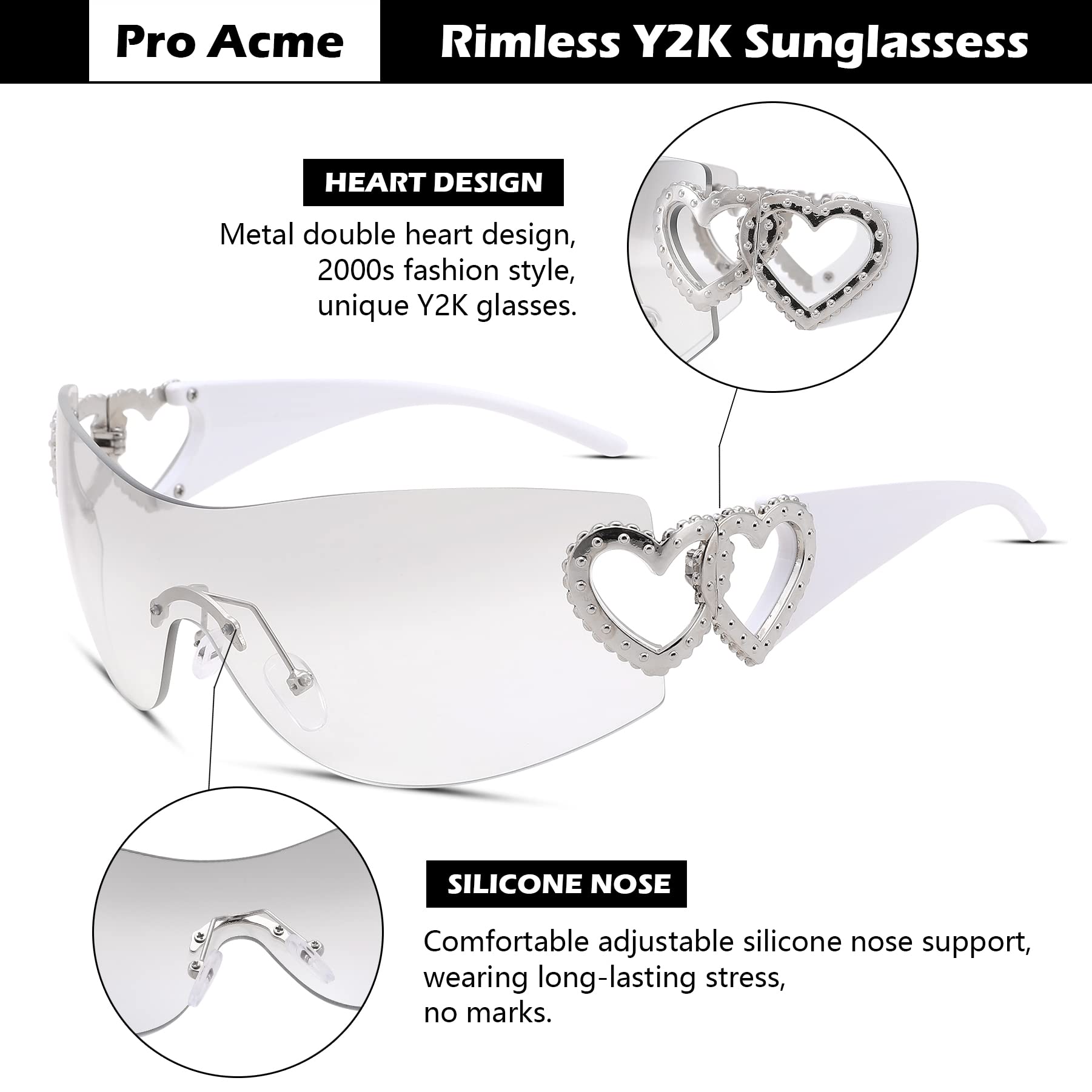 Wrap Around Heart Rhinestones Rimless Sunglasses Women Men, Oversized Fashion Futuristic Sun Glasses Cool Shade 2000S Trendy