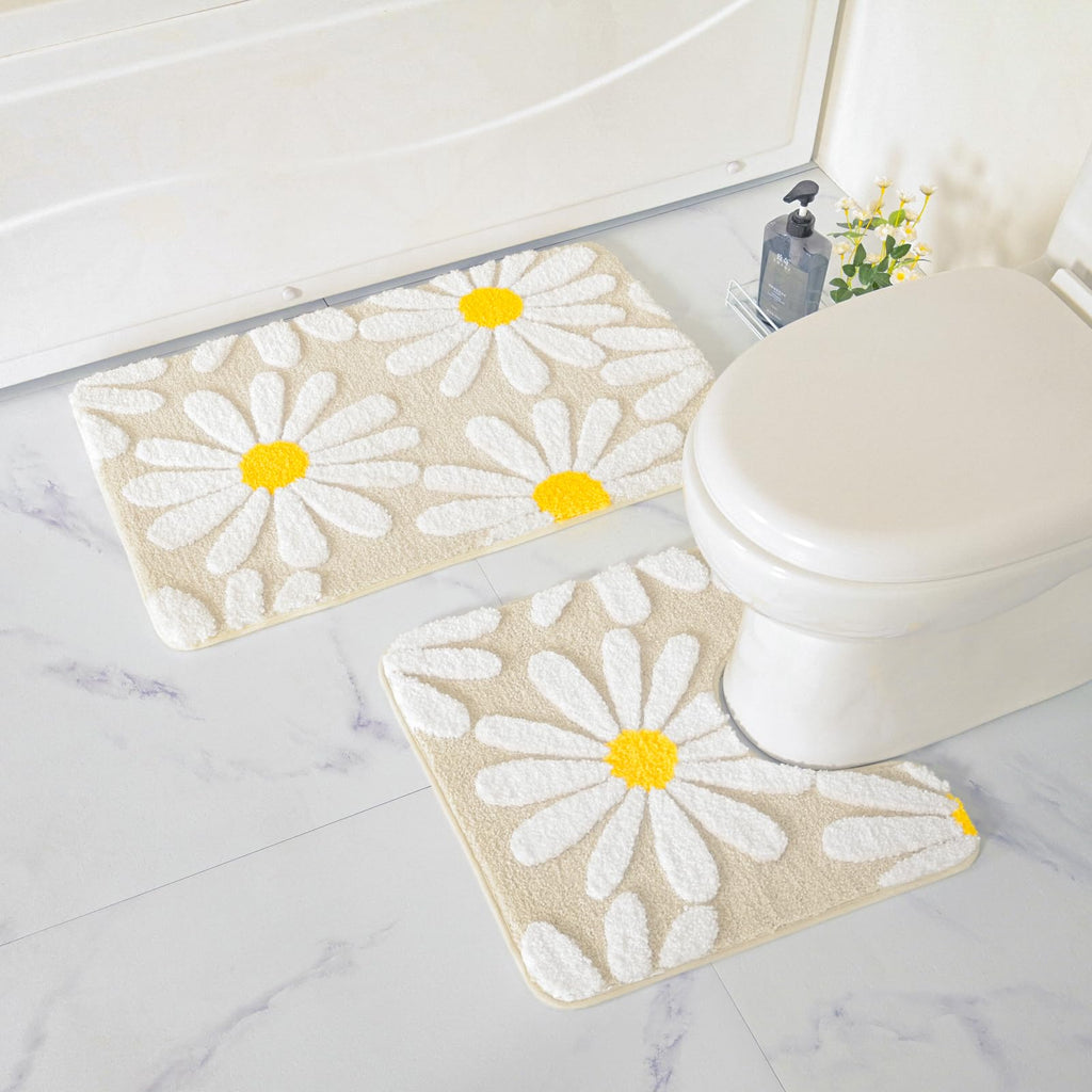 U Shaped Toilet Mat Cute Daisy Contour Bath Rug 20"x20", Extra Thick Soft Machine Washable Toilet Carpet, Non Slip Bathroom Floor Mats Super Absorbent Microfiber Bath Rugs