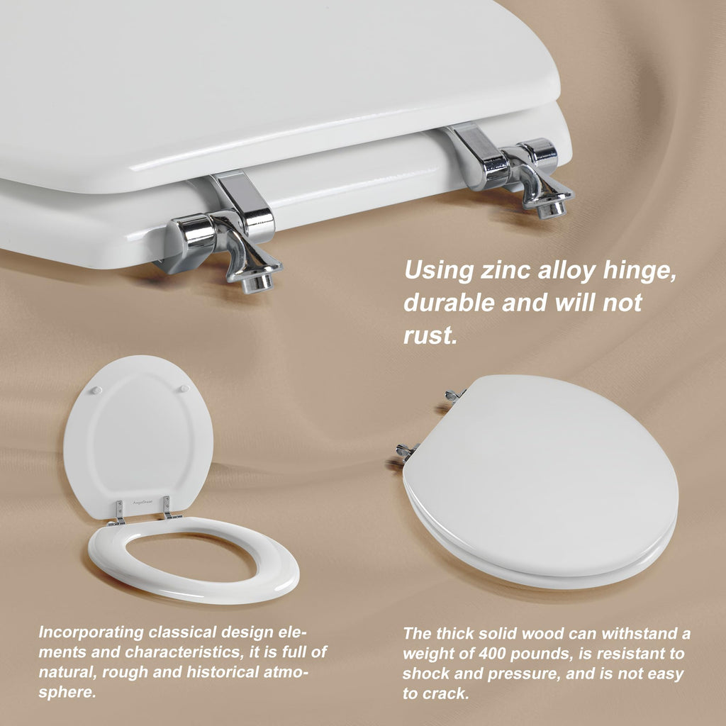 Round Toilet Seat Natural Wood Toilet Seat with Zinc Alloy Hinges, Easy to Install also Easy to Clean, Scratch Resistant