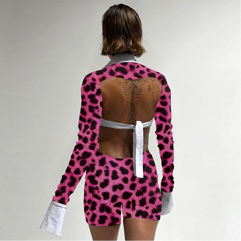 Women's Sexy Deep V Hollow Out Shirt Collar Long Sleeve Backless Strap Tight Jumpsuit Shorts