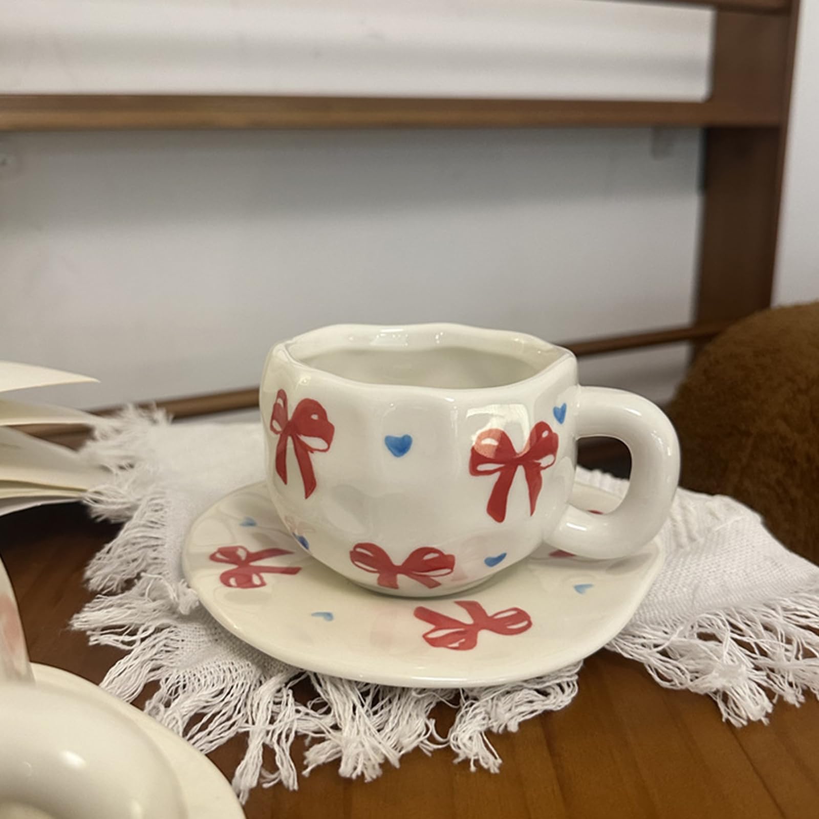 Ceramic Coffee Mug with Saucer Set, Cute Creative Cup Unique Irregular Design, 10 oz/300 ml