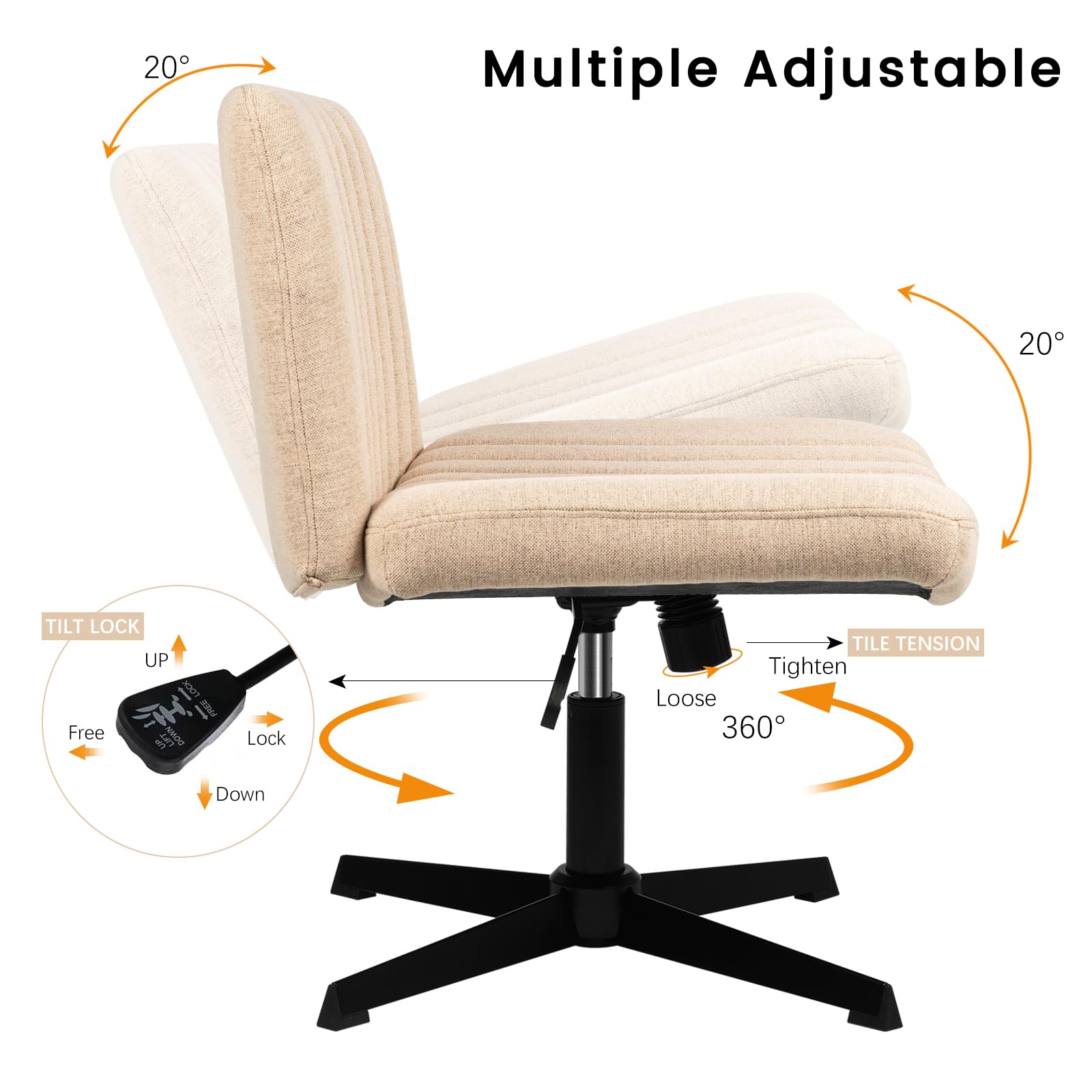 Criss Cross Chair, Armless Cross Legged Office Desk Chair No Wheels, Fabric Padded Modern Swivel Height Adjustable Mid Back Wide Seat
