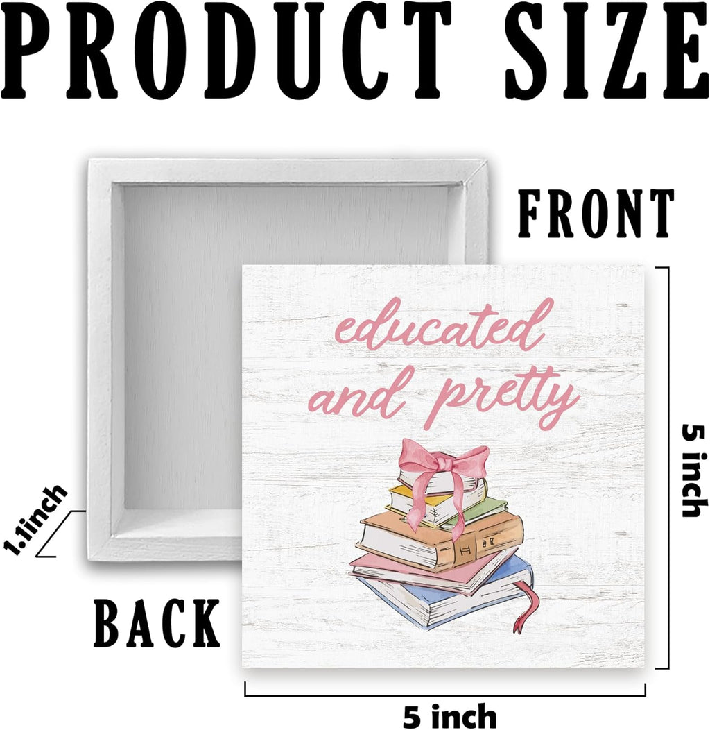Coquette Preppy Pink Bow Books Wooden Box Sign, Book Lover Gifts, Wall Desk Shelf Tabletop Decoration