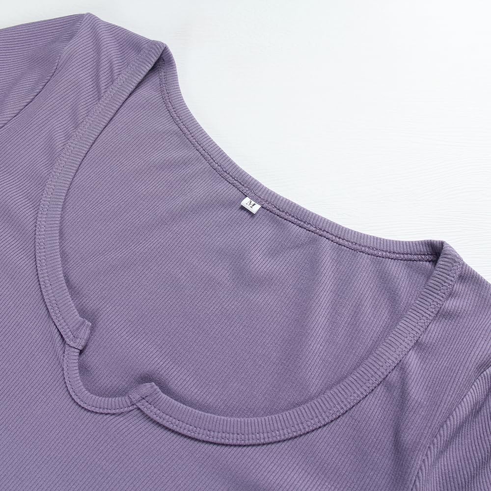 Women's Short Sleeve T-Shirts Form Fitting Ribbed Knit V Notch Scoop Neck Basic Crop Top