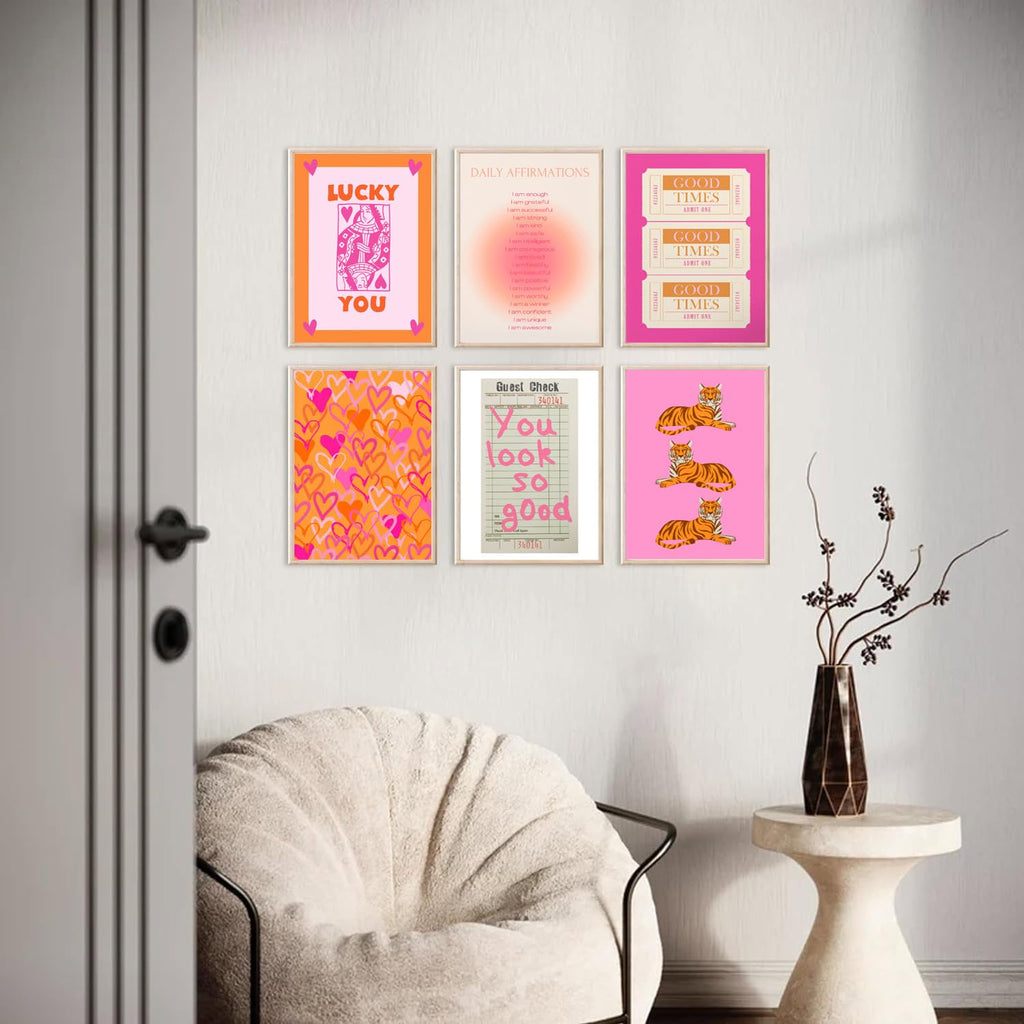 Pink and Orange Preppy Wall Art Queen Poker Halo Angel Digital Poster Tiger Heart You Look Good Yk2 Print Fashion Preppy Canvas Unframed Size: 8x10 inches 6 Pieces