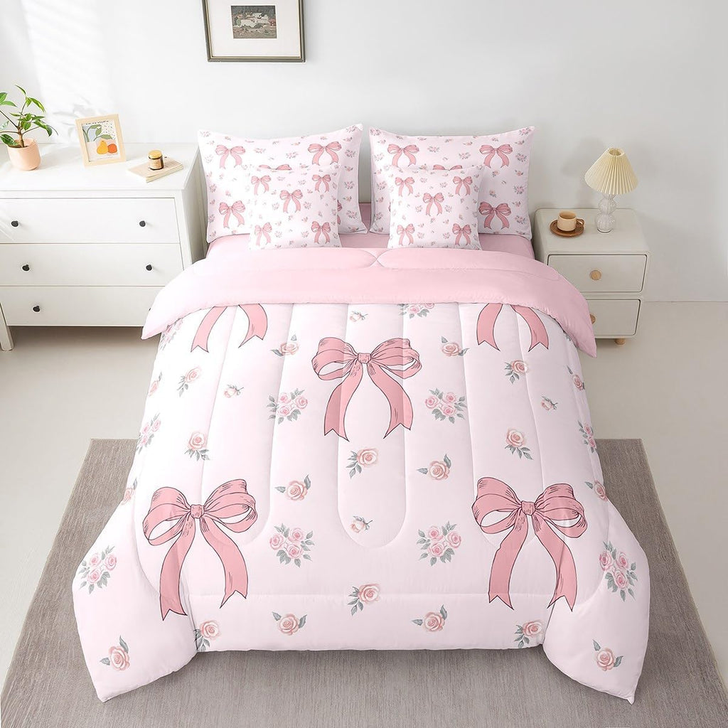 Princess Style Pink Bowknot Comforter Bedding Set, Bow Tie Pink White Dreamy Fairy Tale Bow (Comforter+Fitted+Flat Sheet+2 Pillowcases+2 Throw Pillow Covers) 7 Pieces Bed Set