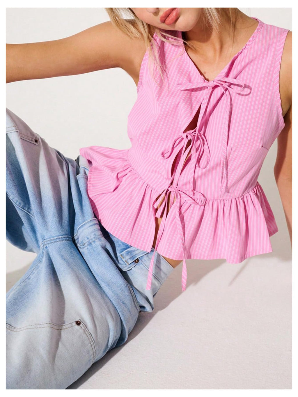 Women's Striped Print Tie Front Tops Sleeveless Ruffle Hem Vest Blouse Top