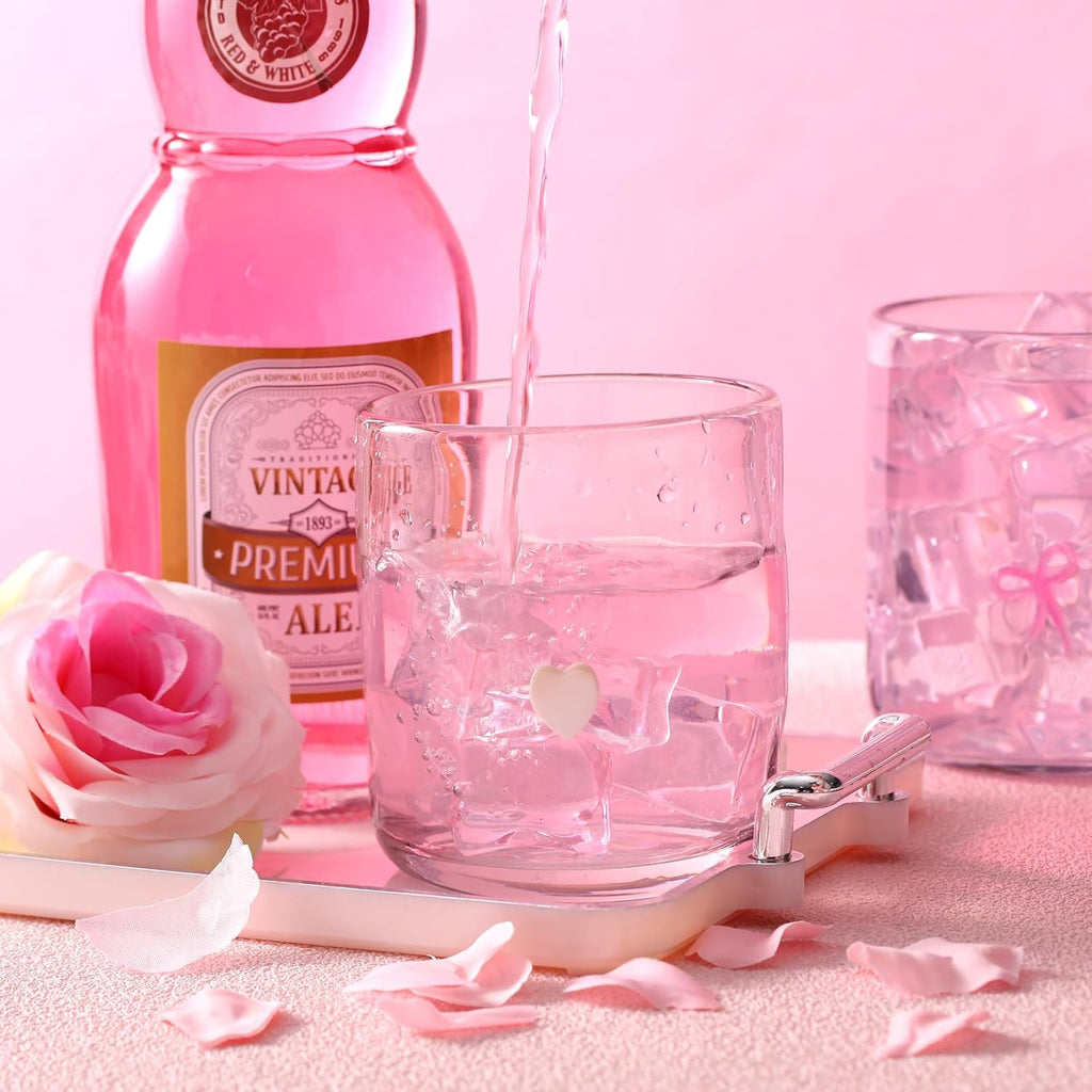 Set of 2 Coquette Pink Bow Glass Cup Heart Juice Glass 14oz Pink Bow Heart