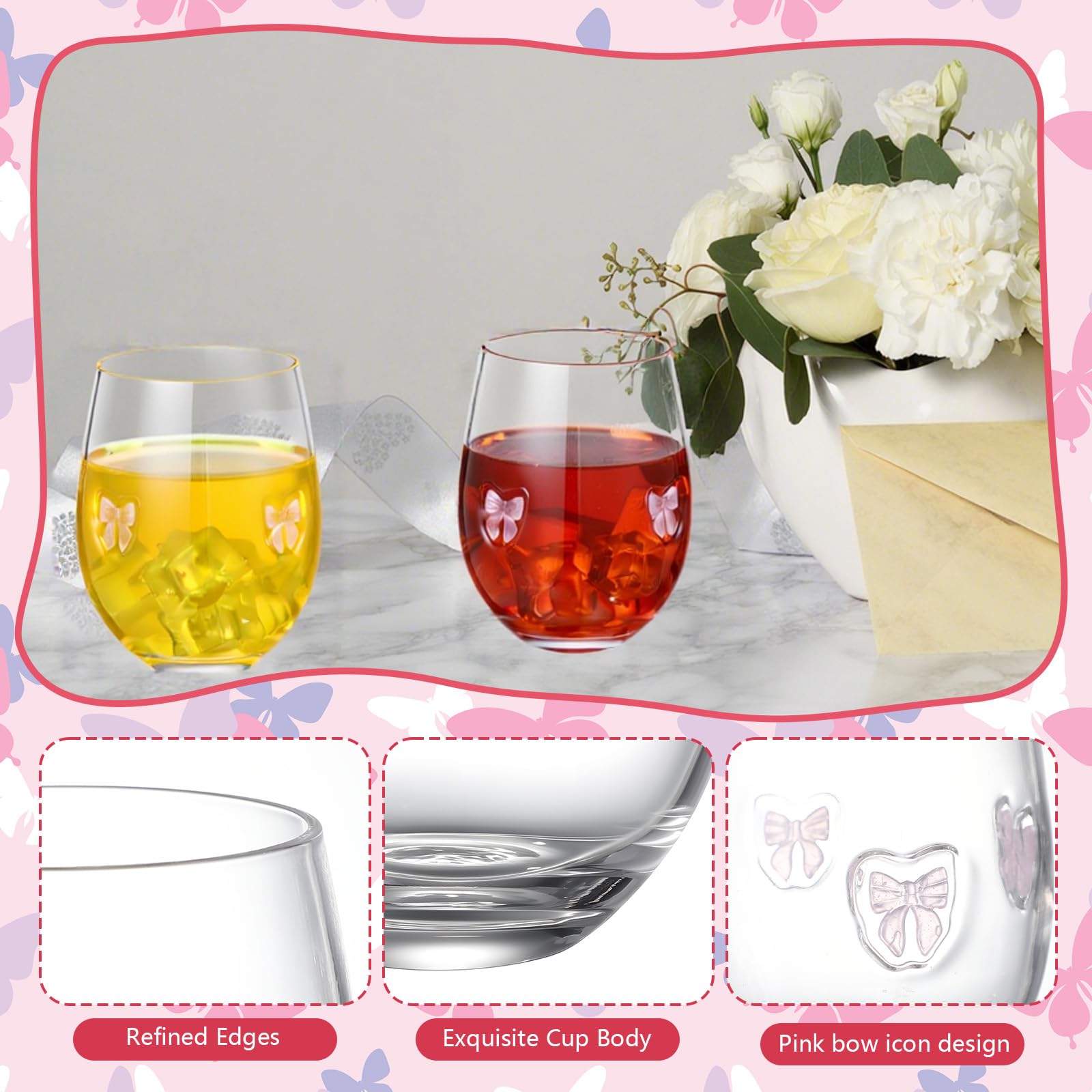 Pink Bow Aesthetic Stemless Wine Glasses 18 oz