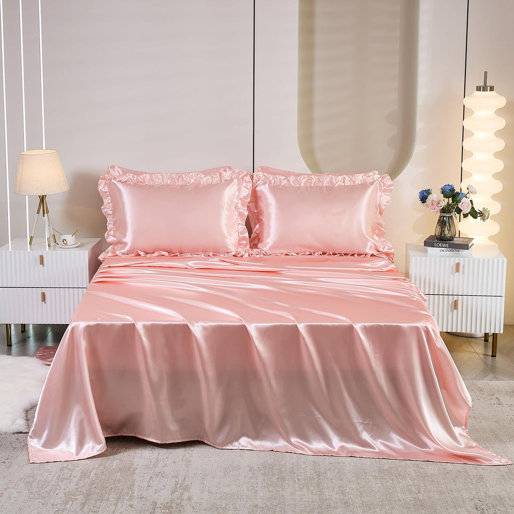 Ruffle Comforter Set 8 Pieces Satin Comforter Set with Sheet Set - Waterfall Ruffle Design Luxurious Silky Comforter Set