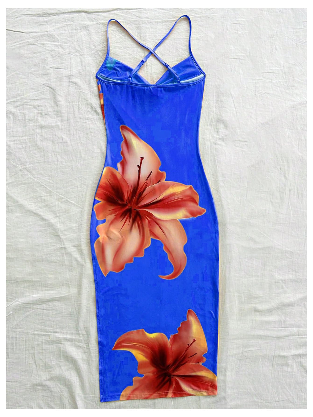 Women's Floral Print Split Thigh Bodycon Dress Criss Cross Skinny Long Cami Dresses