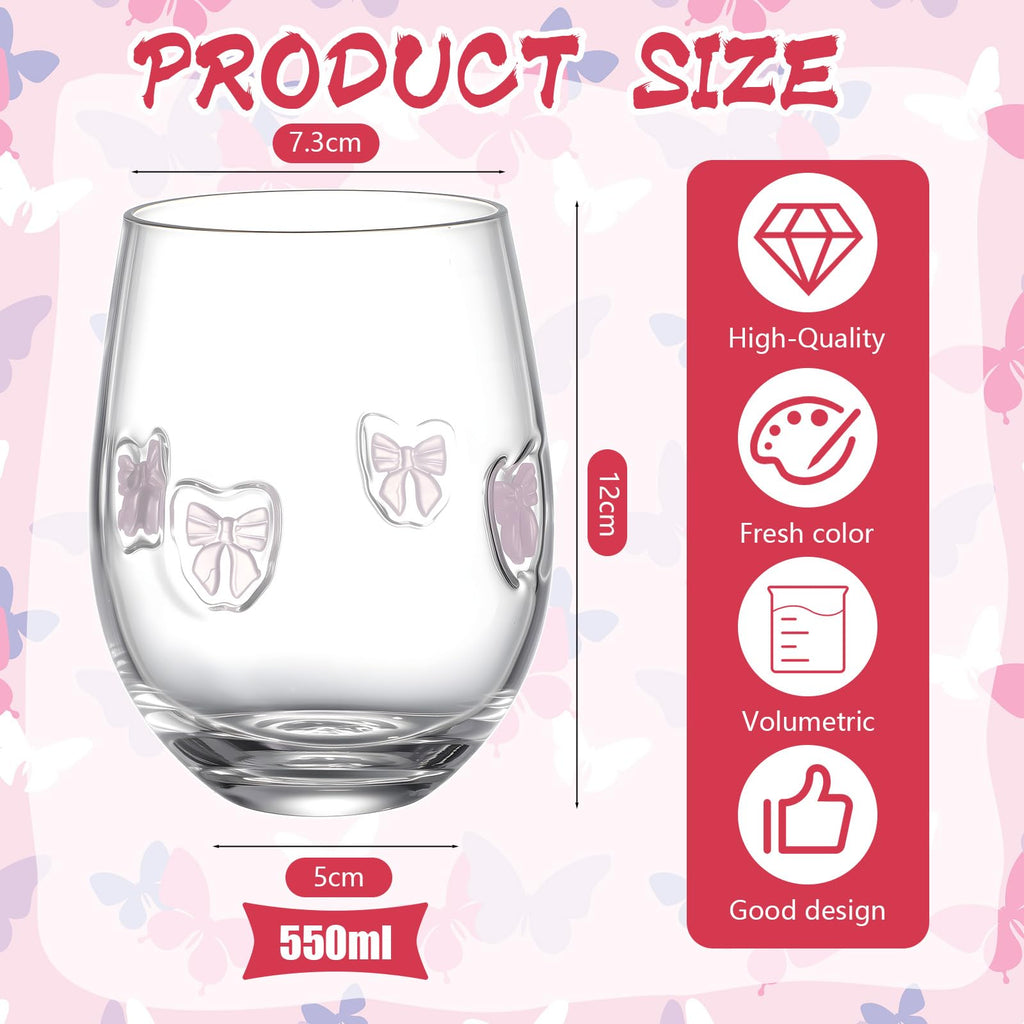 Pink Bow Aesthetic Stemless Wine Glasses 18 oz
