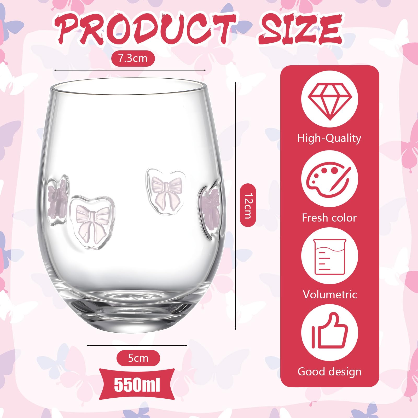 Pink Bow Aesthetic Stemless Wine Glasses 18 oz