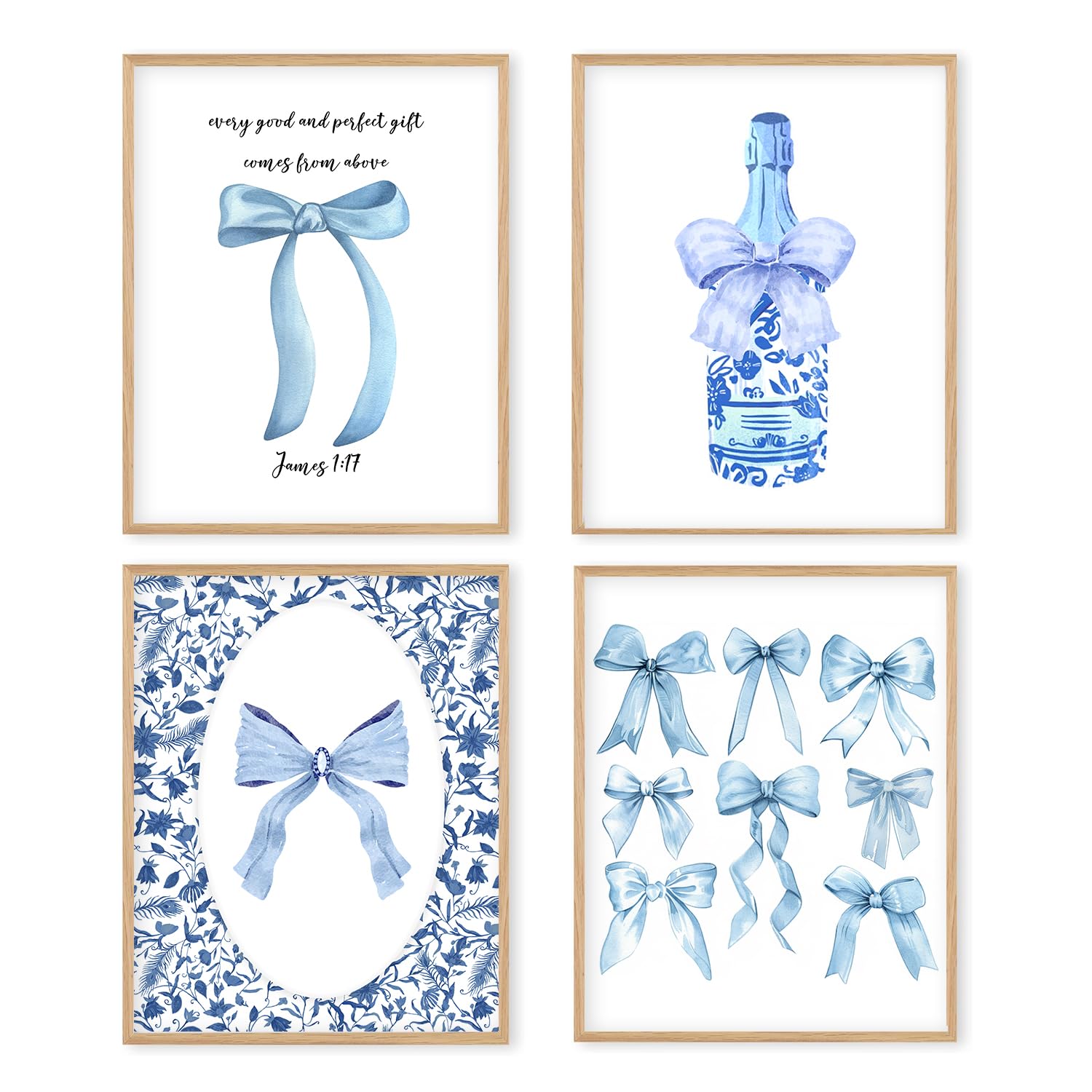 Porcelain Chinoiserie Posters Bow Wall Prints Unframed, 8x10 Blue Print Set Of 4, Pink Bow Coquette Room Decor