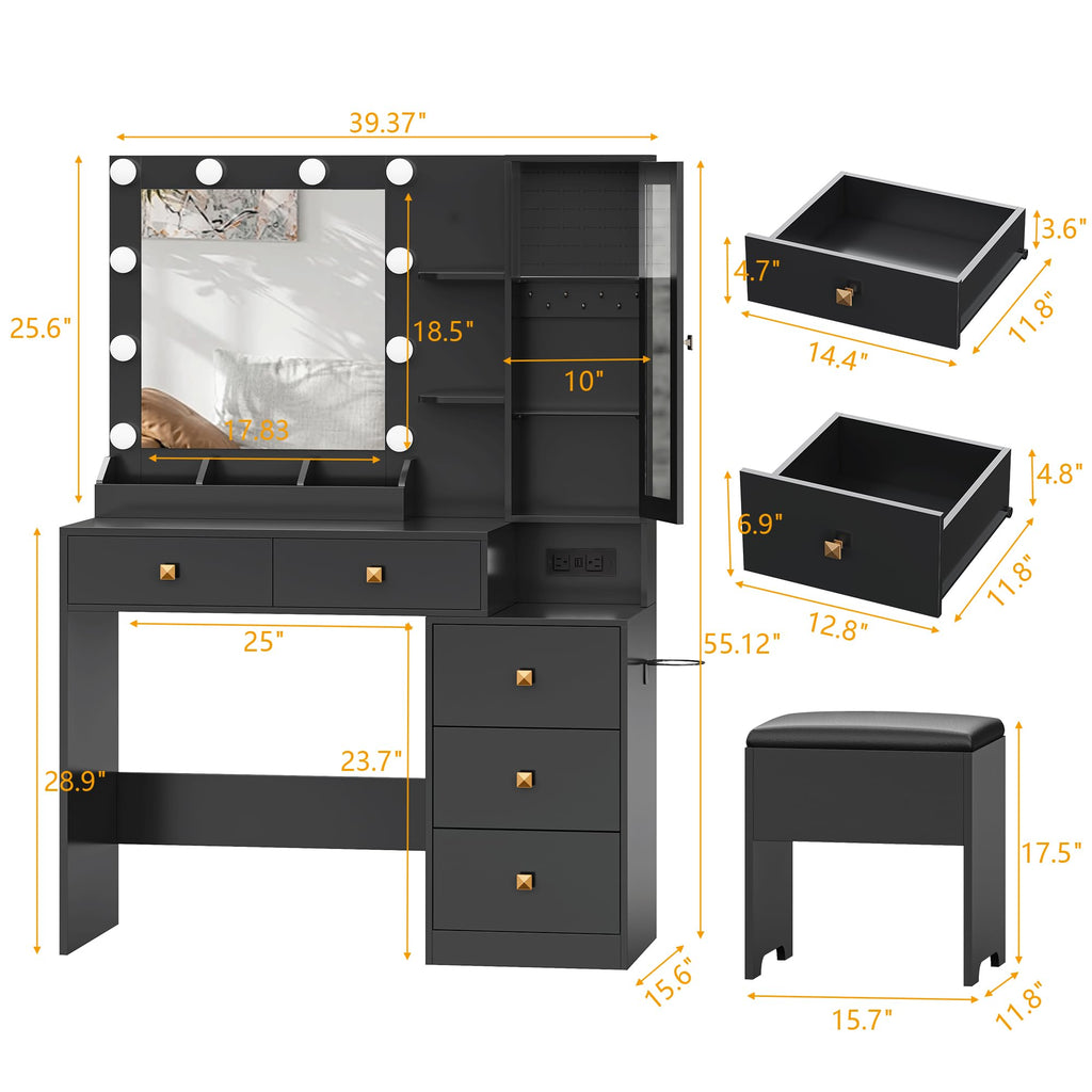 Vanity Desk with Mirror and Lights, Pink Makeup Vanity with 5 Drawers Hidden Jewelry Organizer& LED Glass Cabinet, 3 Lights Mode and Brightness Adjusted,Vanity Mirror with Lights Desk and Chair