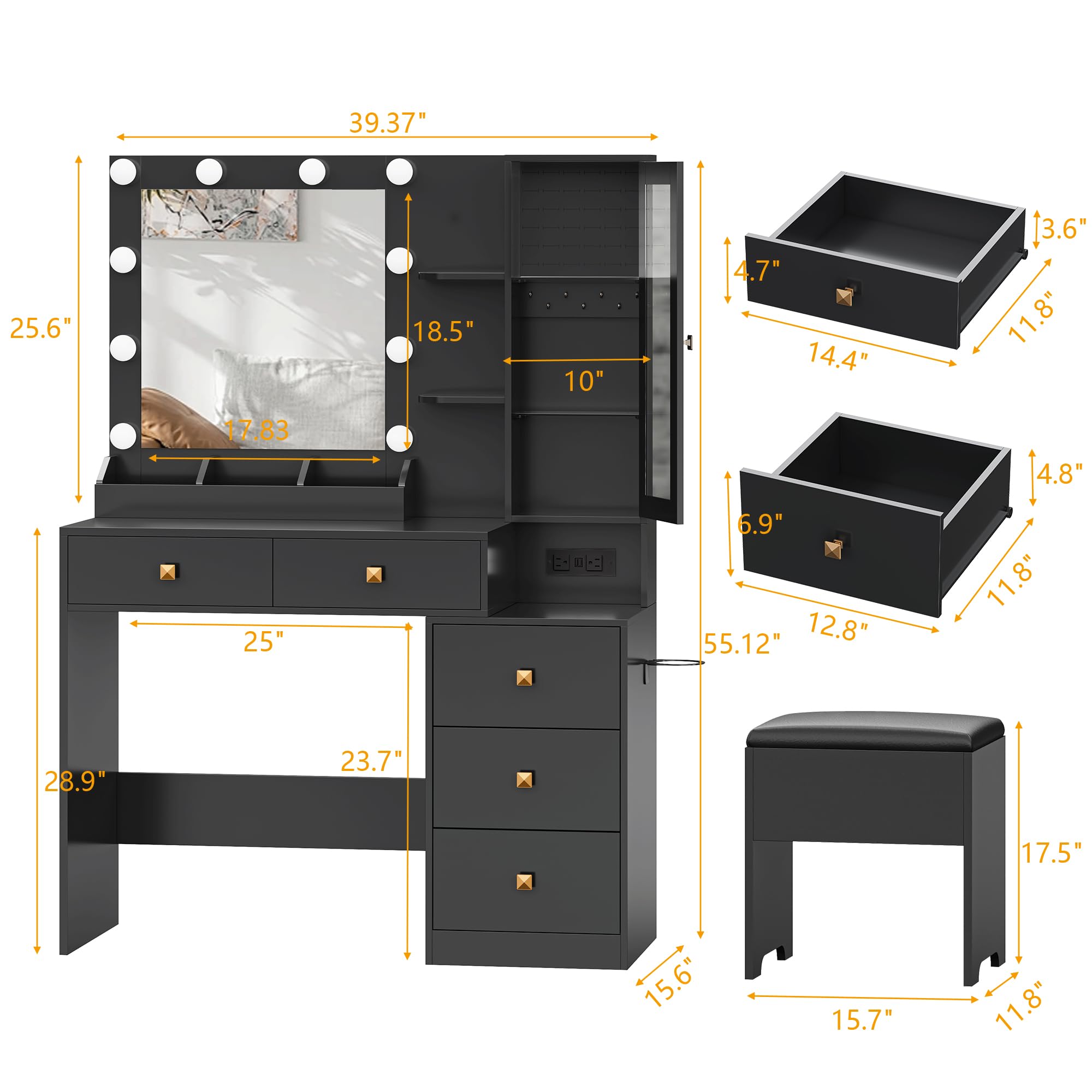 Vanity Desk with Mirror and Lights, Pink Makeup Vanity with 5 Drawers Hidden Jewelry Organizer& LED Glass Cabinet, 3 Lights Mode and Brightness Adjusted,Vanity Mirror with Lights Desk and Chair