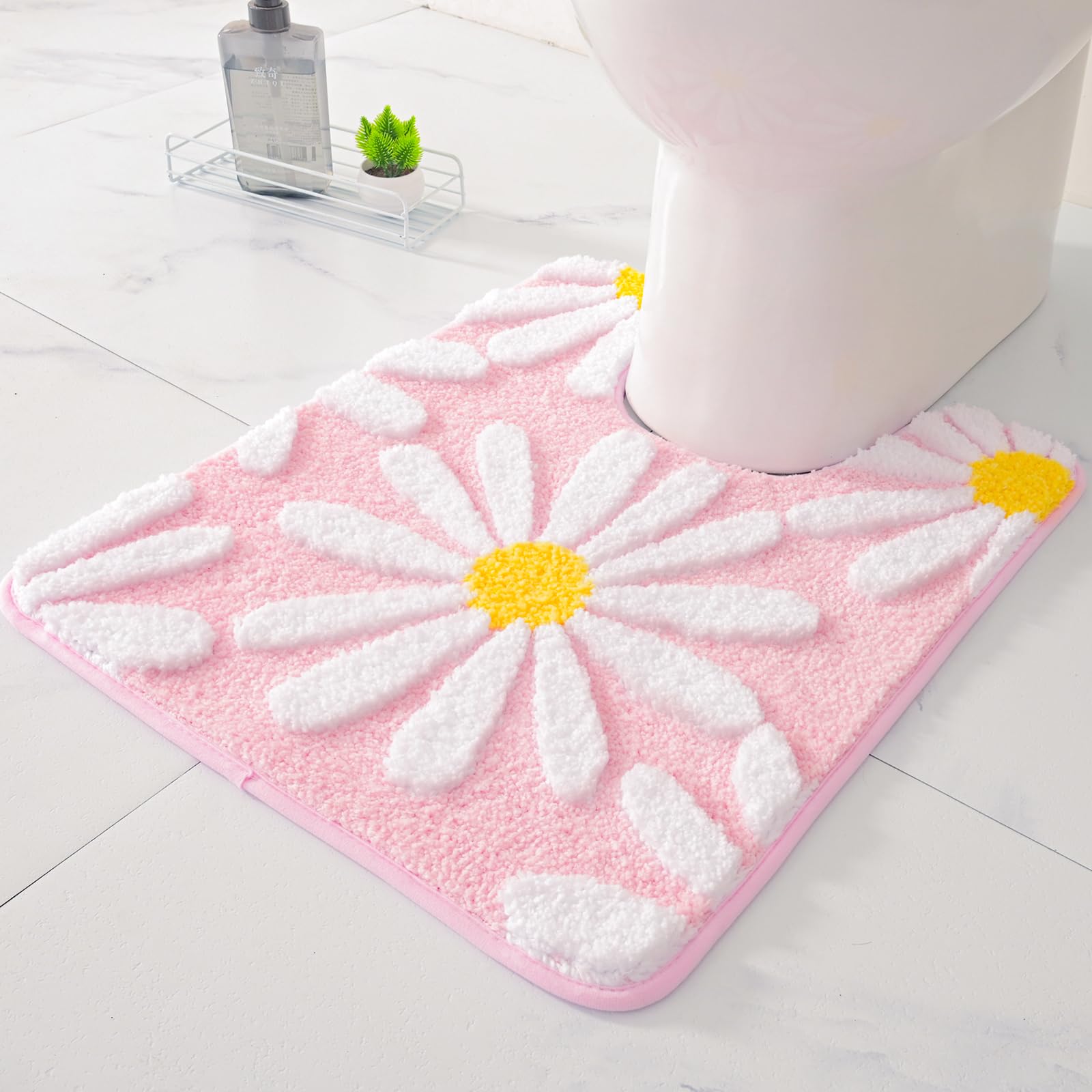U Shaped Toilet Mat Cute Daisy Contour Bath Rug 20"x20", Extra Thick Soft Machine Washable Toilet Carpet, Non Slip Bathroom Floor Mats Super Absorbent Microfiber Bath Rugs