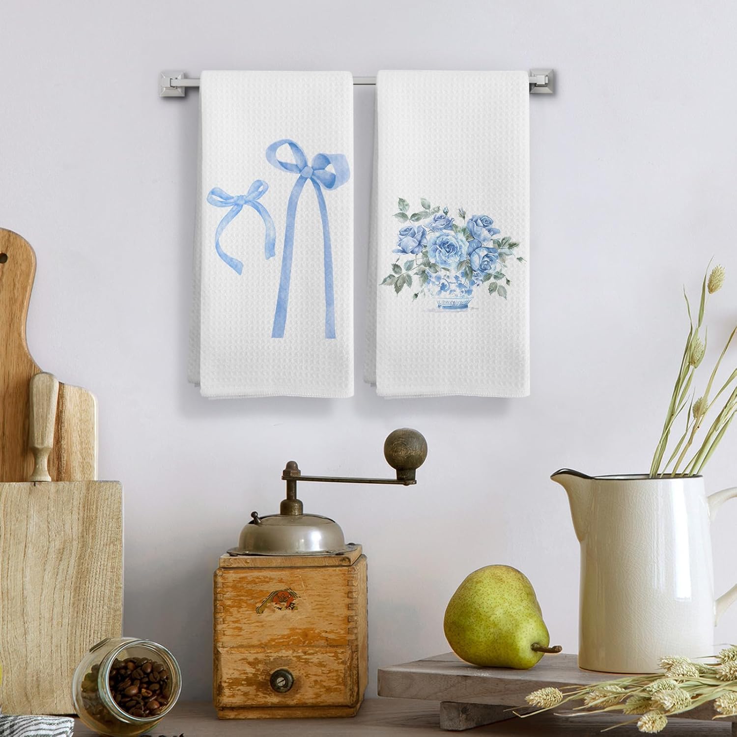Preppy Blue Bow Floral Kitchen Towels, Bow Decor, 16x24in