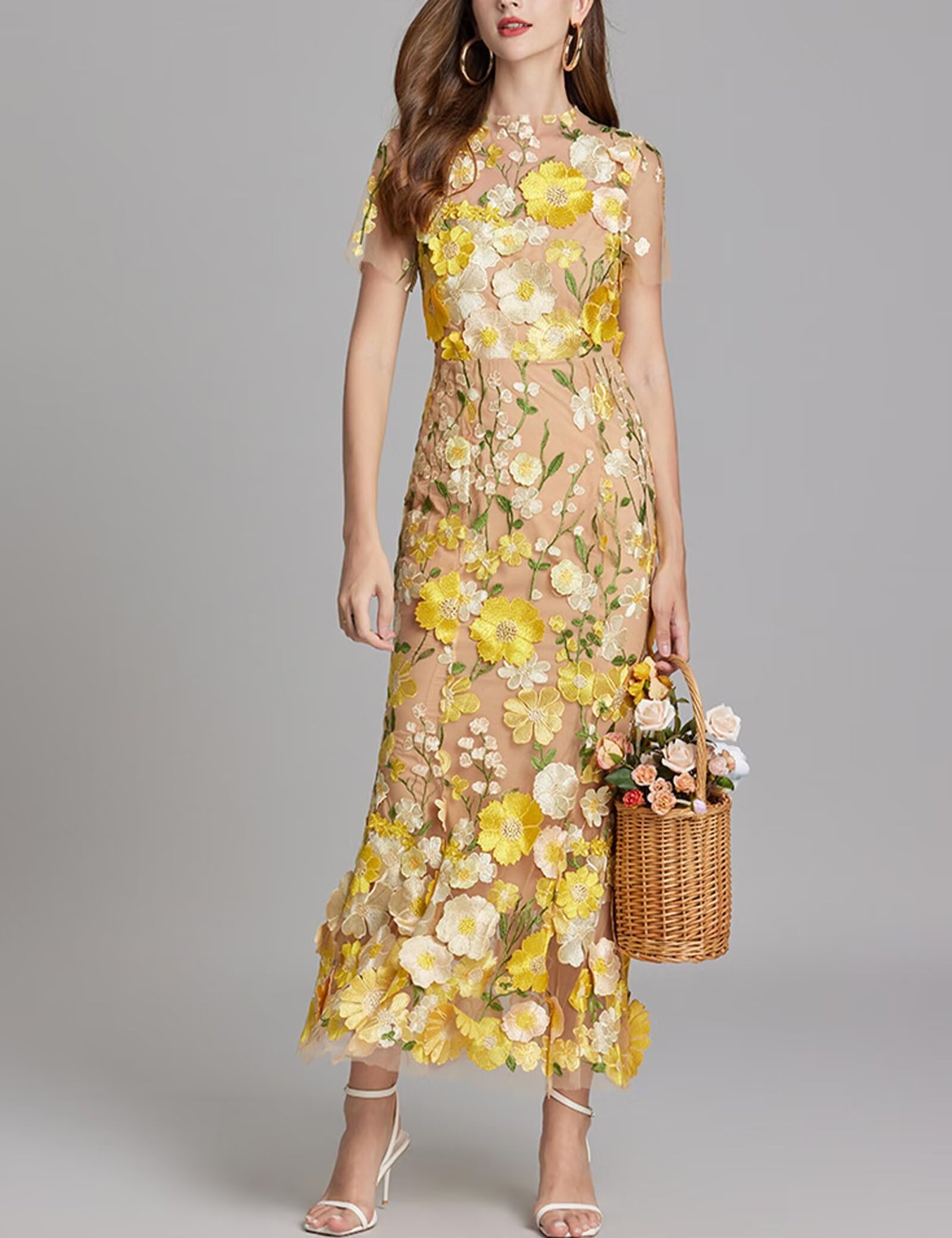 Women's 3D Floral Embroidery Dress Sheer Mesh Round Neck Lace Bodycon Party Cocktail Maxi Dress Short Sleeves