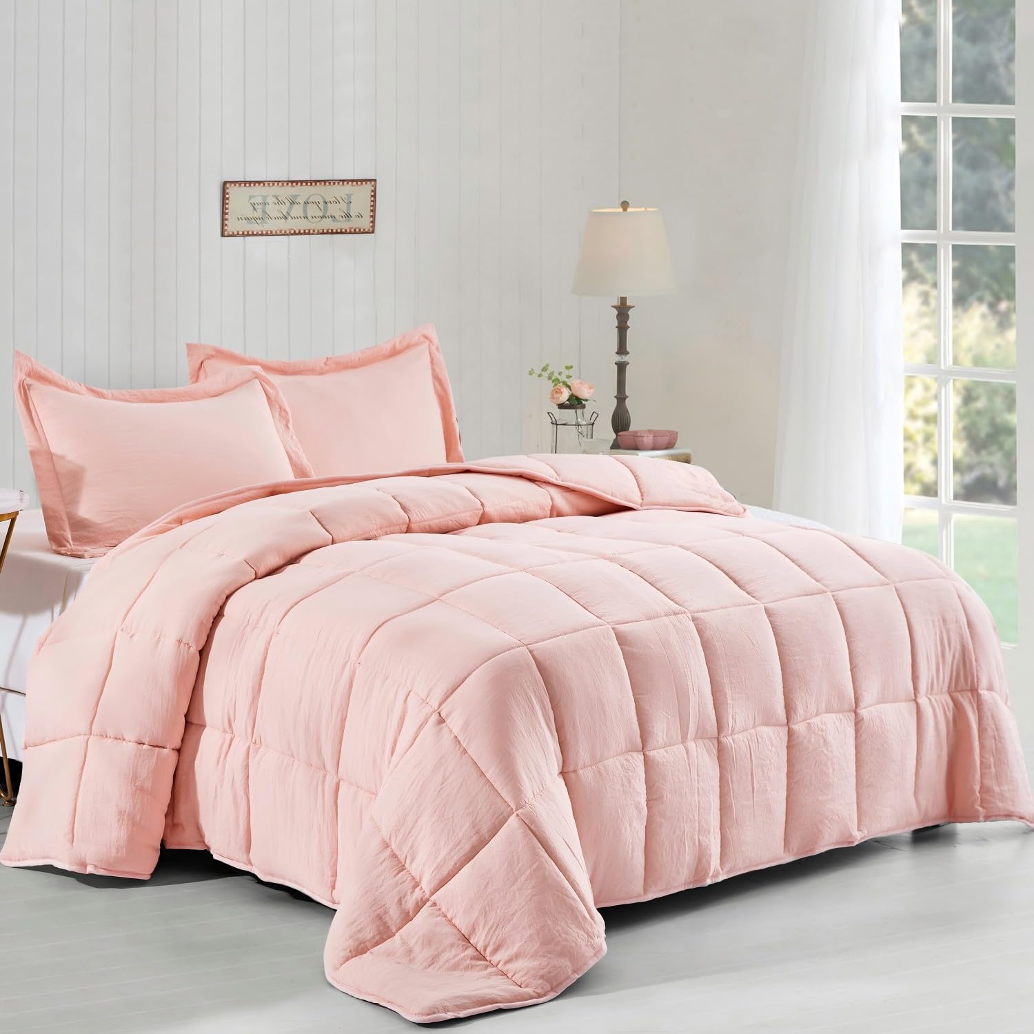 Reversible Down Alternative Comforter with Two Shams - Quilted Duvet Insert with Corner Tabs - Box Stitched Blanket - Super Soft, Fluffy