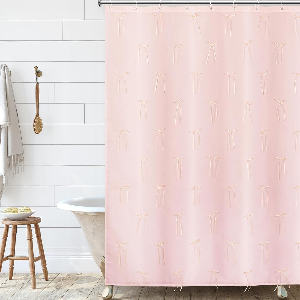 Coquette Pink Bow Shower Curtain Shower Curtain with 12 Buttonholes Bathroom Modern Aesthetic Cloth Shower Curtain Set, 72" W x 72" H