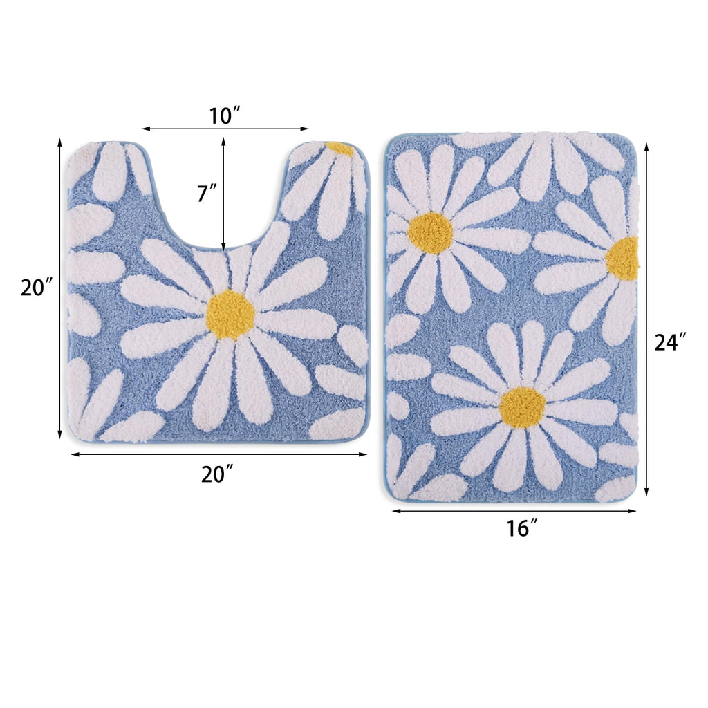 U Shaped Toilet Mat Cute Daisy Contour Bath Rug 20"x20", Extra Thick Soft Machine Washable Toilet Carpet, Non Slip Bathroom Floor Mats Super Absorbent Microfiber Bath Rugs