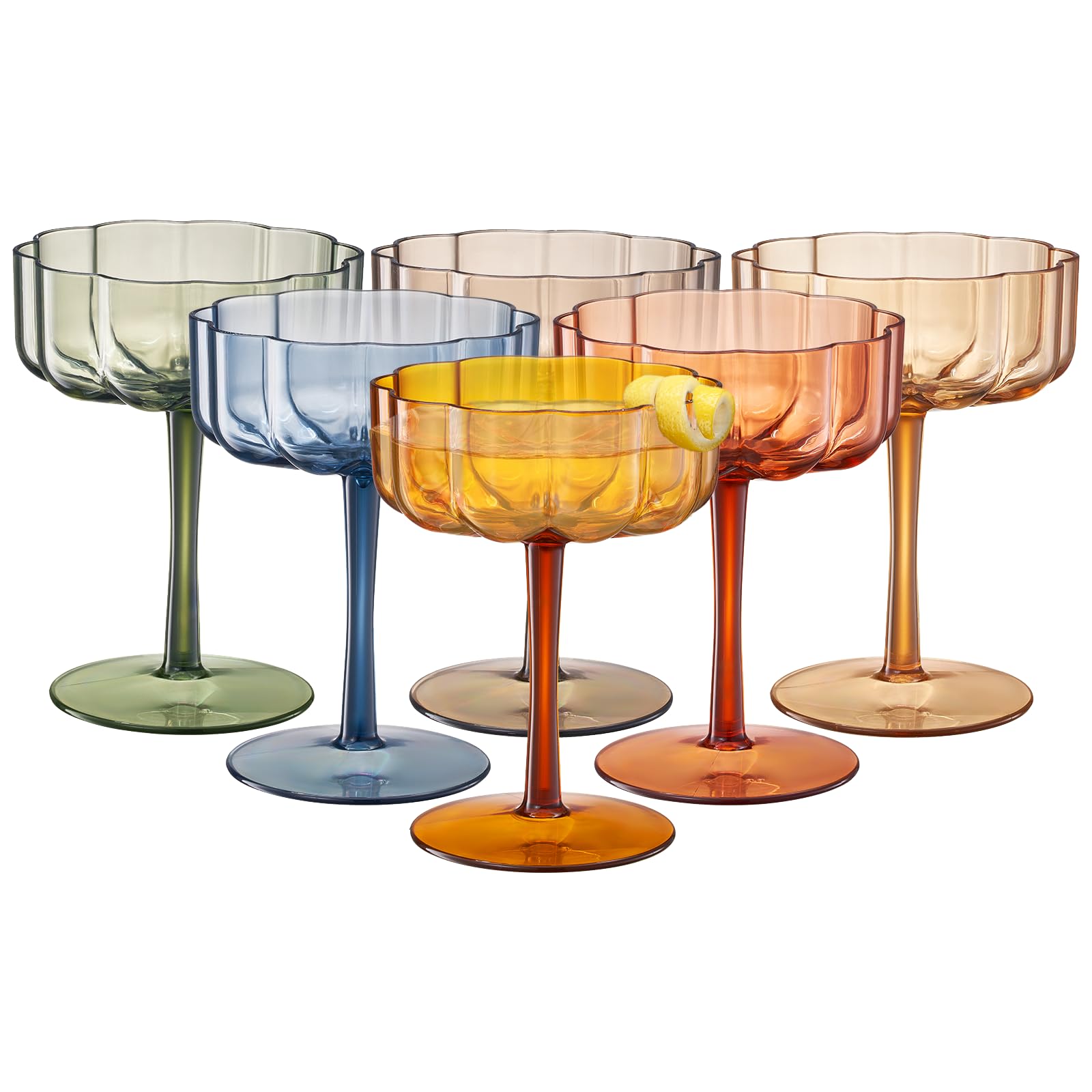 Shatterproof Acrylic Flower Wavy Vintage Art Deco Martini, Champagne & Cocktail Muted Pastel Color Plastic Tritan Coupe Glasses
