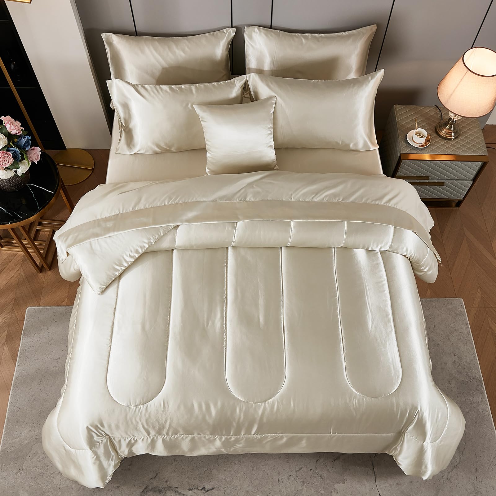 Satin Comforter Set with Sheet Set Full Silk Like Hot Pink Bed in a Bag Luxury Silky Bedding with 1 Comforter, 1 Flat Sheet, 1 Fitted Sheet, 4 Pillowcases, 1 Cushion Cover (Full, Hot Pink)